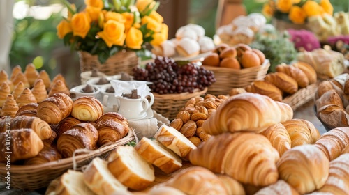 A festive brunch spread featuring an assortment of bread rolls, croissants, and pastries, adding elegance and variety to the occasion.