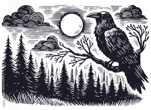 raven in a night forest sketch