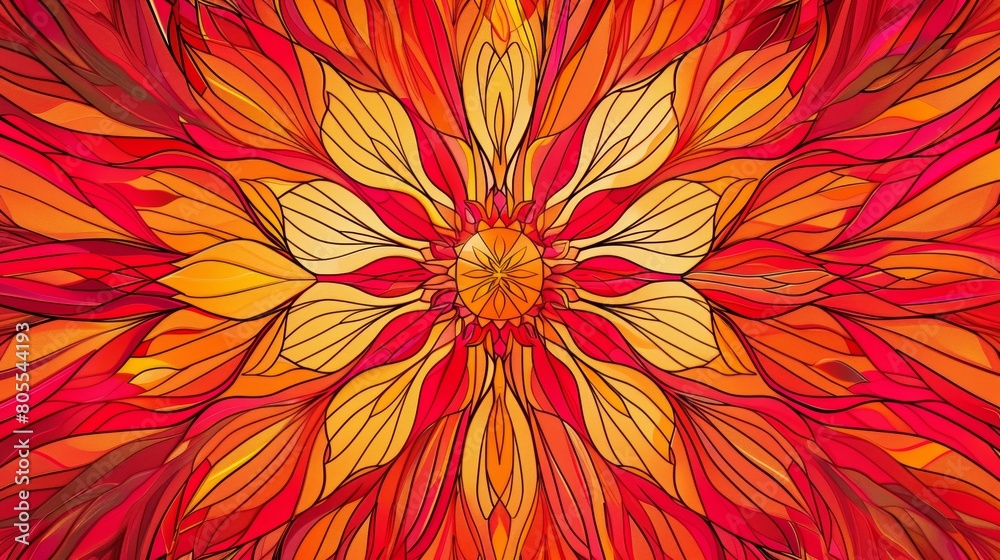Obraz premium beautiful orange flower, colorful mandala blossoming on lush, natural pattern