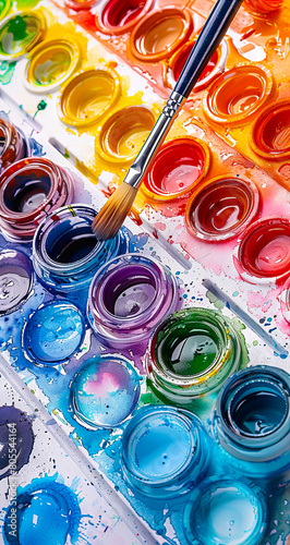 A paint brush is holding a palette of paints.