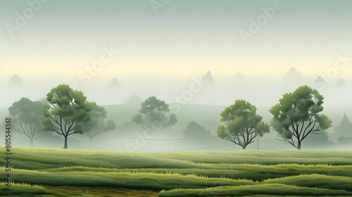 misty meadows, foggy fields with elm trees. field landscape. vector background photo