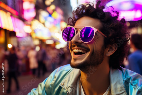 Neon pop man laughing, warmcore emotive faces in magenta style, vibrant candy-coated colorism photo