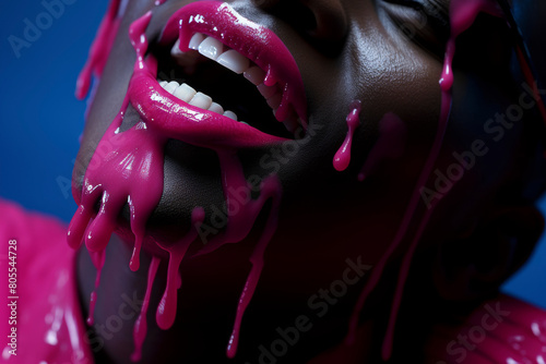 Vibrant neon pop man laughing in close-up warmcore portrait with contemporary candy-colored style photo