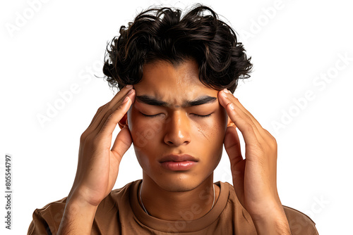 Man suffering from headache, pressing fingers to temples with closed eyes on isolated transparent background