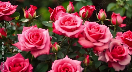 Pink red roses blooming in the fresh morning photo