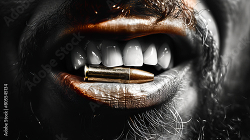 A man with a bullet in his mouth.