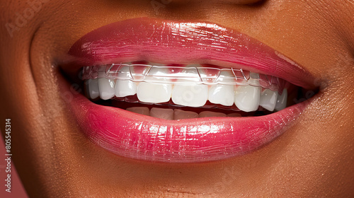 A woman with clear braces and teeth. photo