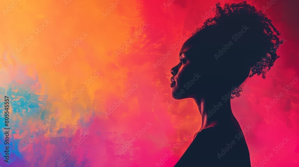 A woman's silhouette is shown against a colorful background. Concept of mystery and intrigue, as the woman's face is obscured by the vibrant colors of the background. The use of color A woman's silhouette is shown against a colorful background. Concept of mystery and intrigue, as the woman's face is obscured by the vibrant colors of the background. The use of color