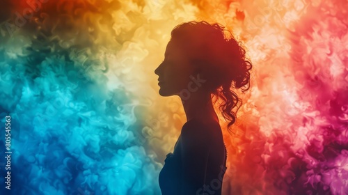 A woman is standing in front of a colorful background with smoke. The background is a mix of different colors, and the smoke is swirling around her. Scene is mysterious and dreamy