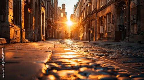 A street with a sun shining on it. There are many buildings on the street