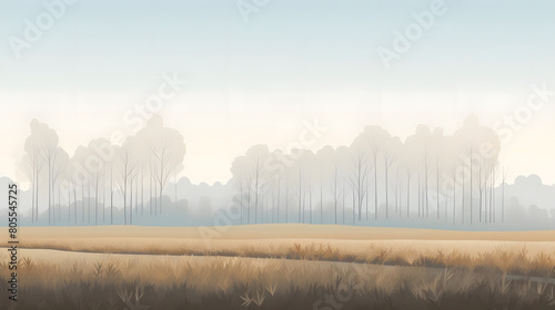 foggy fields, mist covered farmland with poplar trees. field landscape. vector background photo