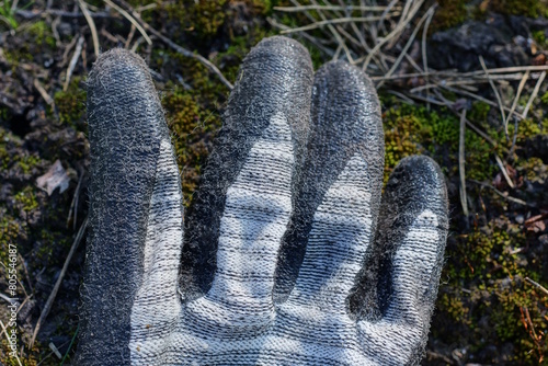 A piece of one work glove made of gray fabric and black rubber lies on green moss on the street
