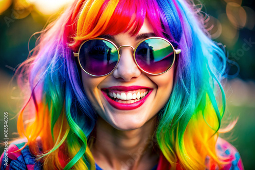A girl with glasses and colorful long hair. Transparent background. A stunning display of rainbow-colored hair styled in glossy, flowing curls, exuding vibrancy and fashion-forward beauty.