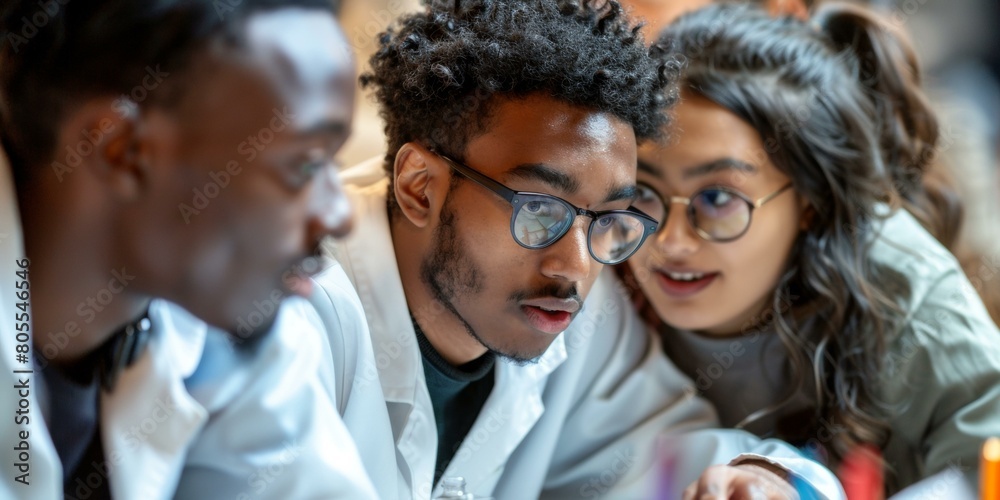 Captivating study session with three engaged students in lab coats, representing diverse backgrounds, focusing on academic collaboration in science class.