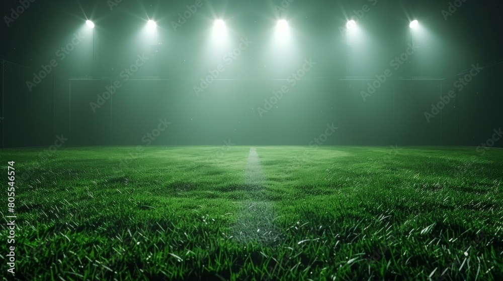 Beautiful night-time soccer field illuminated by floodlights, green grass glowing under eerie fog, reminiscent of mysterious sports events. Copy space.