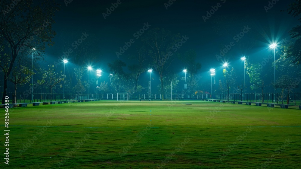 Beautifully illuminated empty soccer field at night, showcasing vibrant green grass under bright floodlights, evoking mood of calmness and readiness for sport. Copy space.