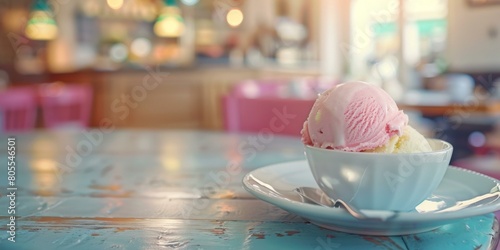 Charming pastel-hued ice cream on distressed blue table in cozy cafe, evoking flavors of summer and leisurely afternoons, warm ambiance. Copy space. photo