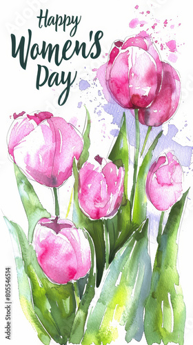 8 march tulip bouquet, watercolor style, soft pastel colors, close-up with happy womens day note