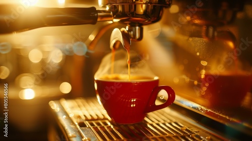 Invigorating close-up of rich espresso pouring into red cup from machine, evoking warmth and energy, perfect for coffee lovers, early mornings.