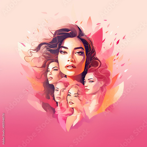 Womens day celebration banner, multiple women faces on pastel pink background, graphic illustration