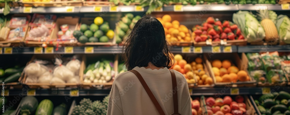 A view of the young woman shopping in the supermarket fruits and vegetable. Wear in casual clothes.
