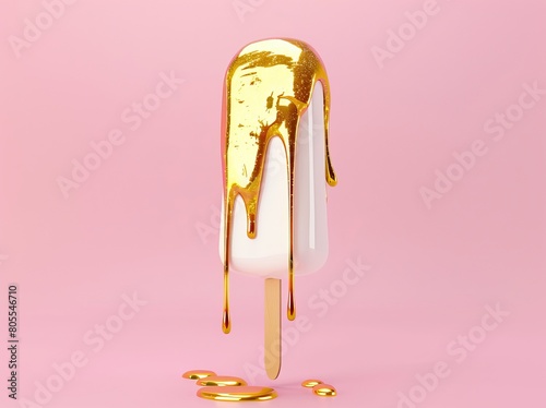 A luxurious concept of a white popsicle with a golden drip against a pink background, portraying indulgence and desire