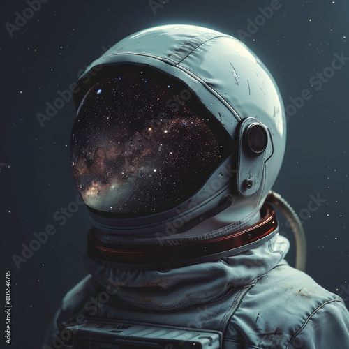 Astronauts helmet with milky way reflection, isolated in space with serene and detailed texture