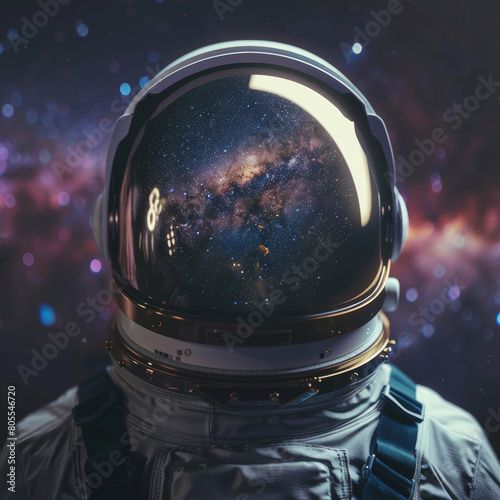 Astronauts helmet reflecting milky way in space, close-up shot with serene atmosphere