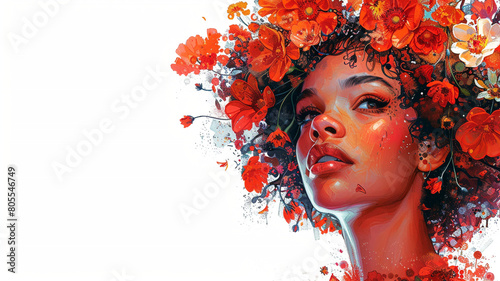 masterpiece of art with this stunning high-detail painting of a woman with flower hair. isolated on white backdrop.