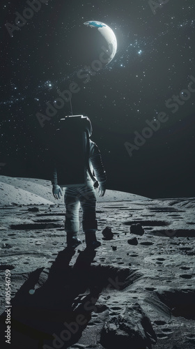 Photorealistic astronaut on moon watching earth rise in historic apollo mission style