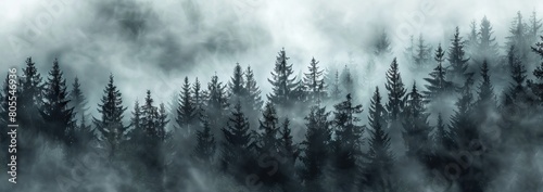 Misty landscape with fir forest in hipster vintage retro style. AI generated illustration photo