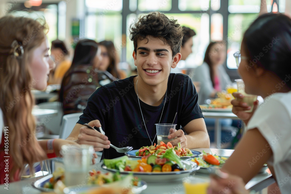 A stylish guy wearing black and white jeans hanging out in the school cafeteria, enjoying a meal with classmates and sharing stories.