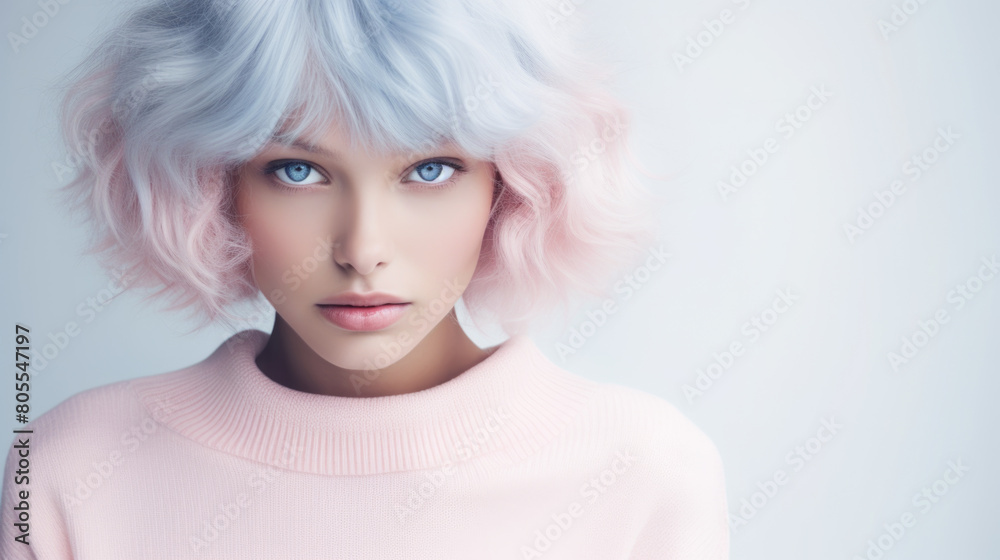 Portrait of a Woman with Pastel Blue and Pink Hair