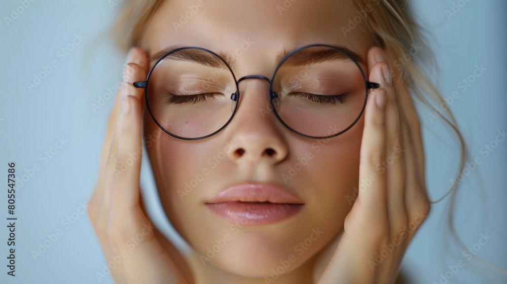 Close up exhausted woman massaging eyelids, taking off glasses, tired freelancer or student suffering from eyestrain or dry eye syndrome, feeling dizziness or headache after long hours work Close up exhausted woman massaging eyelids, taking off glasses, tired freelancer or student suffering from eyestrain or dry eye syndrome, feeling dizziness or headache after long hours work