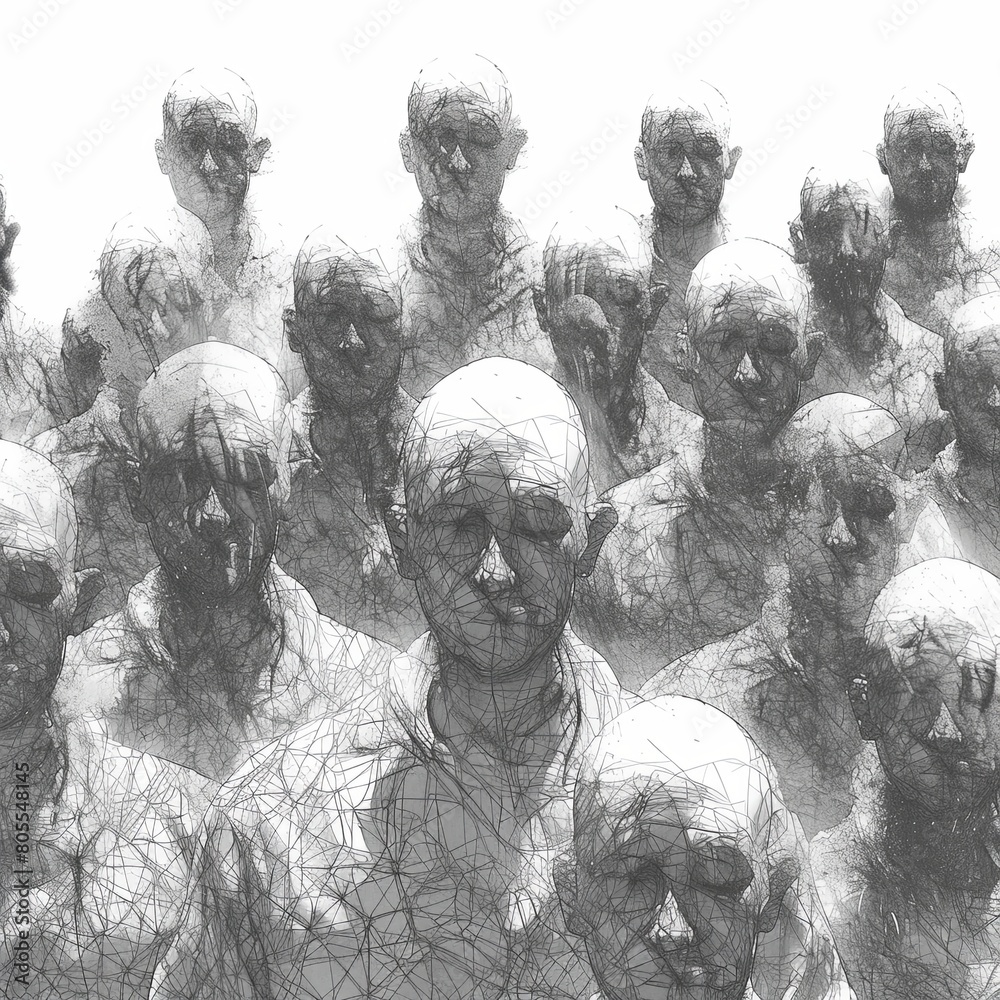 The black and white drawing shows a crowd of people and we see many of ...