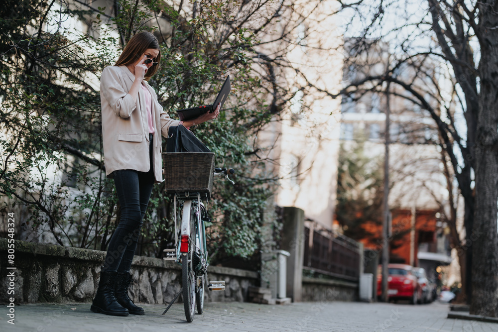 Modern multi-tasking woman engaged in a phone conversation and laptop work by her bicycle on an urban street.