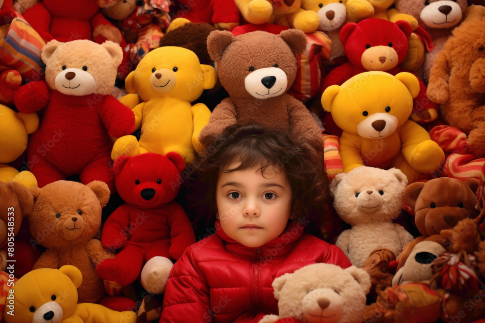 A toddler sitting amidst a pile of plush toys, a look of wonderment on their face, set agnst a bold red and yellow backdrop. A toddler sitting amidst a pile of plush toys, a look of wonderment on their face, set agnst a bold red and yellow backdrop.