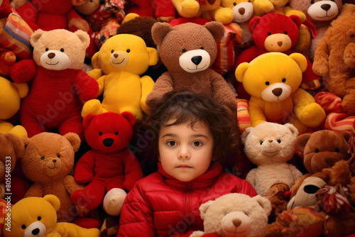A toddler sitting amidst a pile of plush toys, a look of wonderment on their face, set agnst a bold red and yellow backdrop.