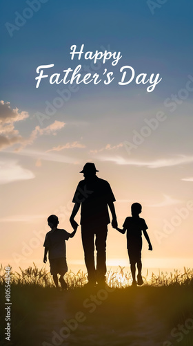 silhouette of dad with two children walking hand in hand against beautiful sunset with happy father   s day text wishing in cursive white font