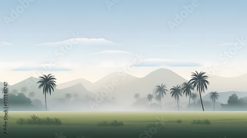 misty meadows  foggy fields with palm trees. field landscape. vector background