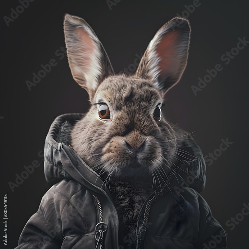 Cute little rabbit wearing jacket, black background © Iggy