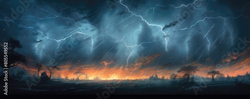 A dramatic nighttime scene with multiple lightning strikes over a barren, desolate landscape
