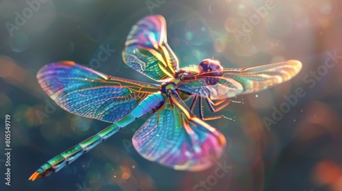 A mesmerizing close-up of a dragonfly in mid-flight, its iridescent wings shimmering in the sunlight as it gracefully glides.