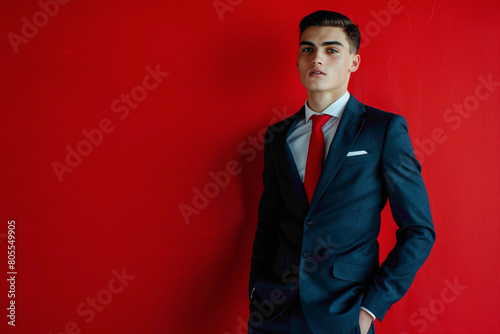 A vision of poise and grace, a dashing young gentleman stands agnst a vibrant red background in his tlored business attire, exuding timeless charm and allure.