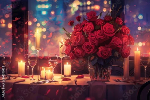Elegant table setting with roses and candles  perfect for romantic occasions