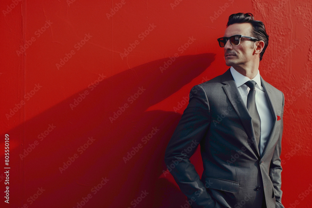 A vision of sophistication, a suave gentleman stands tall agnst a solid red background, his immaculate business attire accentuating his natural allure. A vision of sophistication, a suave gentleman stands tall agnst a solid red background, his immaculate business attire accentuating his natural allure.