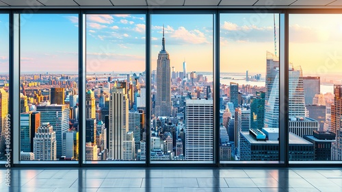 Panoramic Urban Landscape from Sunlit High-Rise Office, Spacious Room, Wide Windows, Big City, High Modern Buildings