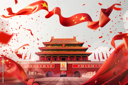 Tiananmen Gate with swirling red ribbons