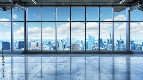 Wide Office  Large Spacious Windows  Panoramic View  Modern City View  Empty Space