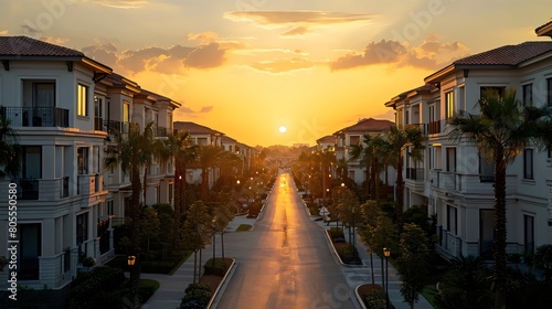 A View through a Gated Community with Pristine Street, Beautiful Houses, and Apartments - Luxurious Neighborhood, Safe Urban Planning, and Clean Living